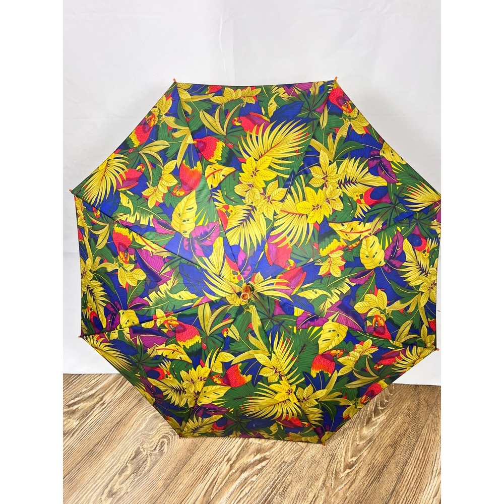 Vintage Shaw Tropical Parrot Palm Leaf Umbrella Compact Folding Travel